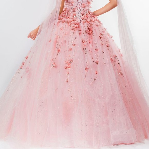 Floral Applique Glitter Mesh Quinceanera Dress w/ Detachable Cape Sleeve GL1974 - Picture 7 of 8